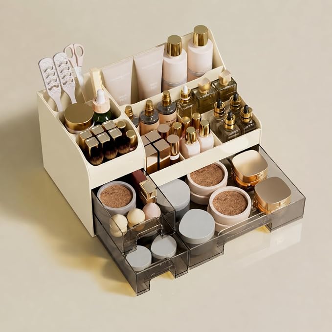 Makeup Organizer with Drawers,Large Cosmetic Storage Box,Countertop Skincare Organizer,ABS Makeup Brush Holder for Bathroom,Desk,Dresser,Multifunctional Beauty Display Case,Cream transparent - Image 6