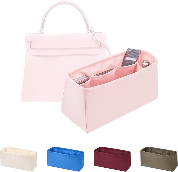 Women's Purse Organizer Insert - Satin & Lightweight Fabric with Inside Pockets, Portable for Commute, Travel, Shopping, and Evening, Multicolor Options, Fits for Kelly 32(Pink, KL32 Retourné) by KINGSINBAG