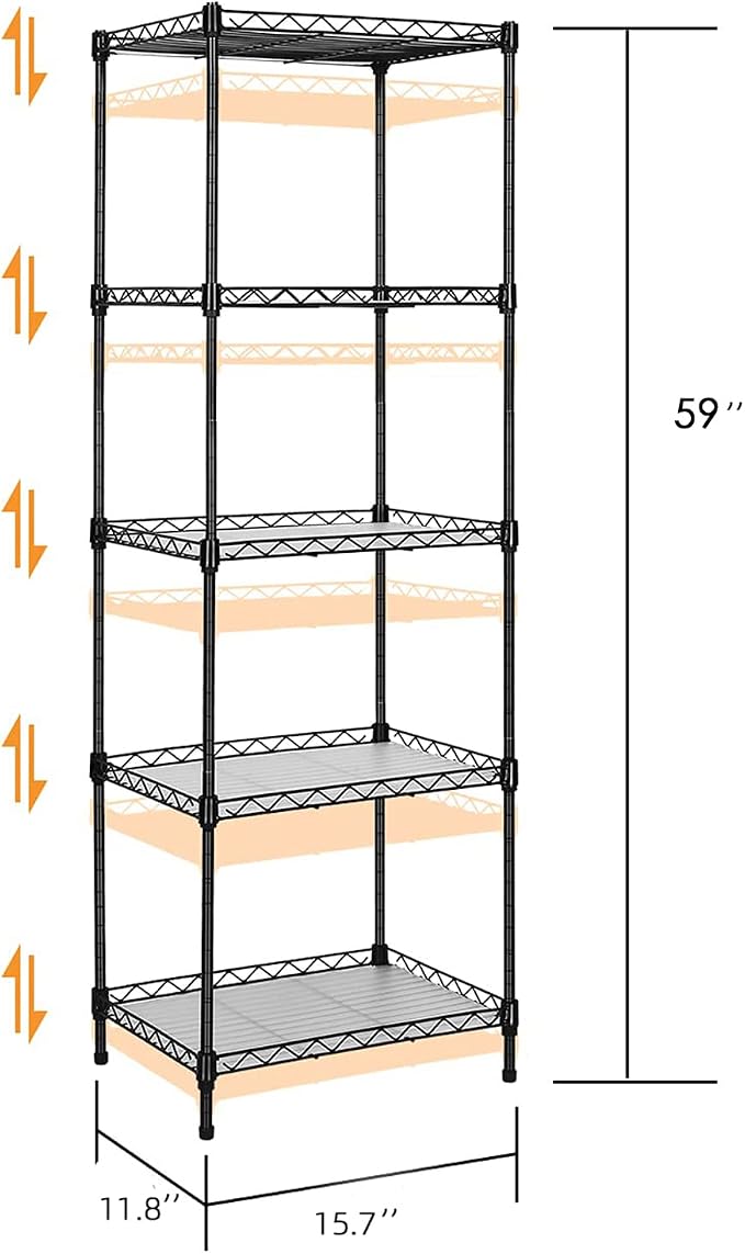 5-Tier Wire Shelving, 11.8x15.7x63in, Black - Heavy Duty Shelf - Kitchen Storage Shelves - Image 3