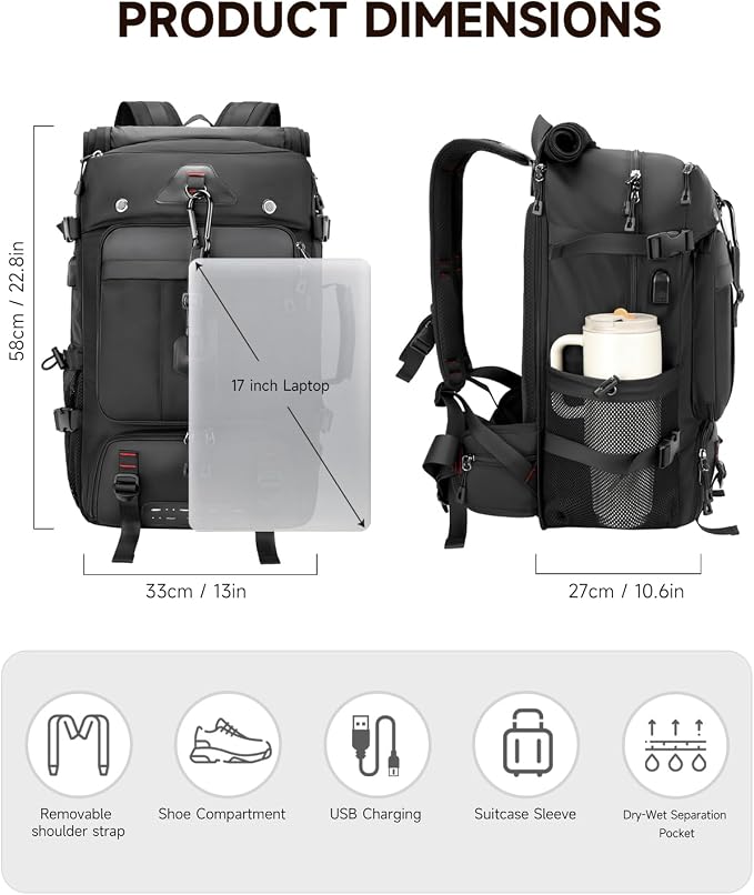 Travel backpack for men,60L Extra Large Carry on Backpack Durable Convertible Duffle Bag with Shoe Compartment Fit for 17 Inch Laptop for travel, camping,Weekender Hiking - Image 4