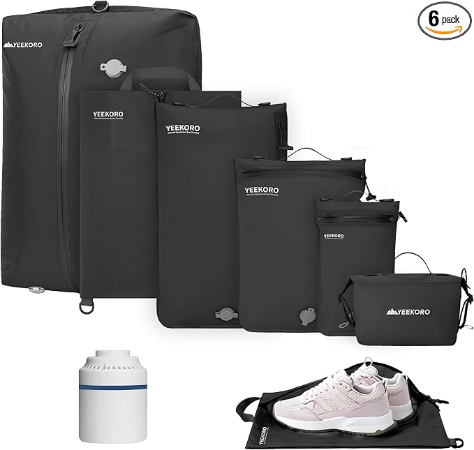 6 Set Vacuum Bags for Travel, Professional IPX8 Reusable Organizer, Compression Packing cube for Suitcases, Durable Seal Space Saver Bags -Traveling/Skiing Essentials (Black with Pump) by YEEKORO