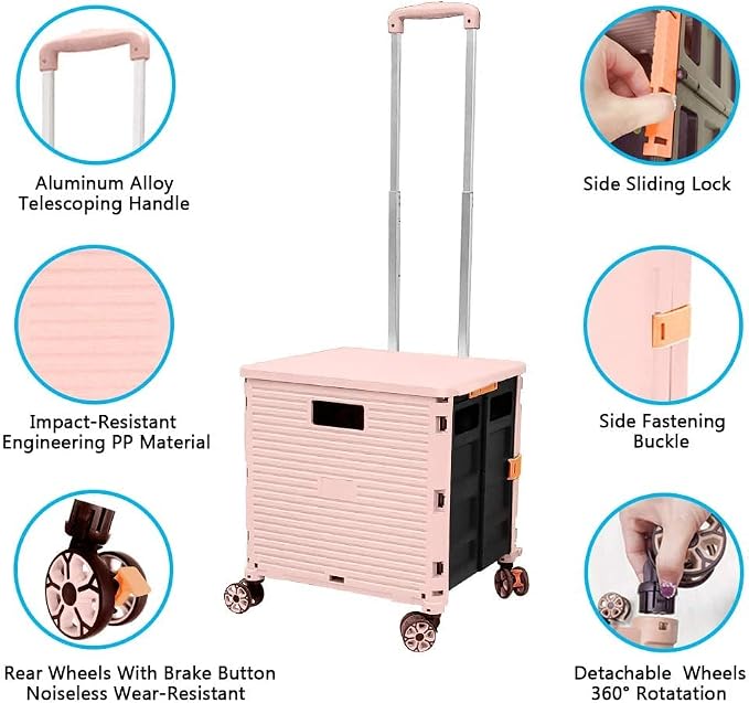 Foldable Utility Cart Portable Rolling Crate Handcart Shopping Trolley Collapsible 4 Rotate Wheels with Durable Heavy Duty Plastic Telescoping Handle for Travel Shopping Moving Storage Office Use - Image 2