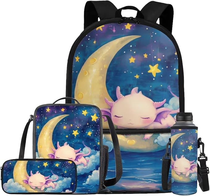 Axolotl Backpack and Lunch Box for Girls Middle High School Book Bag Large Capacity Lightweight Bookbag for Students Cartoon Animals School Bag for Preschool Casual Daypack by Bivxisrvo