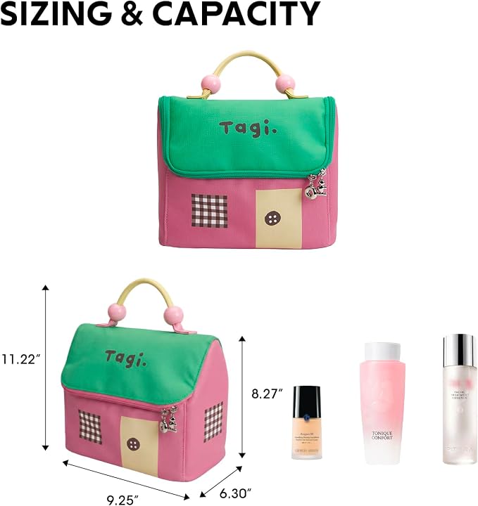 Tagi. Signal House Large Capacity Travel Makeup Bag, Waterproof PVC Cosmetic Bag for Women, Wide-Open Flat Pouch for Brushes & Skincare, Portable Organizer with Handle & Dividers - Image 3