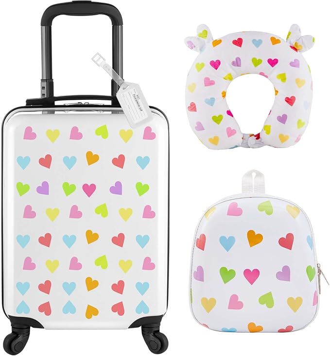 Sanwuta 4 Pcs Kids Luggage Set Back to School Gifts for Girls Boys Carry On Rolling Suitcase Backpack Neck Pillow Travel Set(20 Inch,Heart Style,White) by Sanwuta