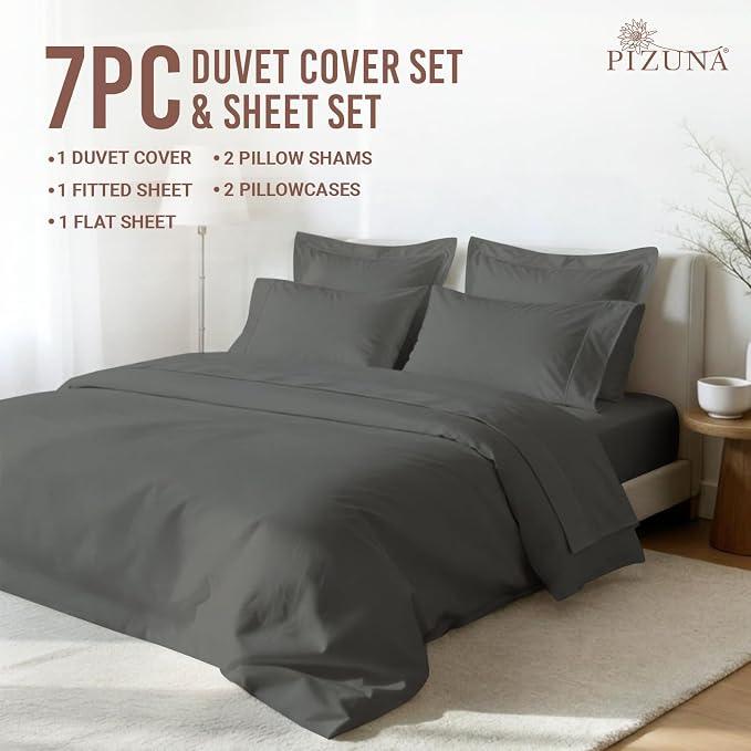 Pizuna Pure 100% Long-Staple Cotton Duvet Cover + Sheet Set Queen, Luxurious 400 Thread Count Long Staple Cotton, Soft Sateen Weave Bedding Set (Dark Grey) - Image 3