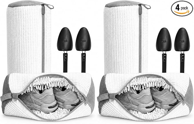 Shoe Washing Machine Bag (4 Pack), Shoe Bag for Washing Machine with Microfiber Scrub Fibers, Self-Locking Zipper Protection, 2 Adjustable Shoe Trees, Sneaker Laundry Bag for Washer and Dryer by XERRYCON