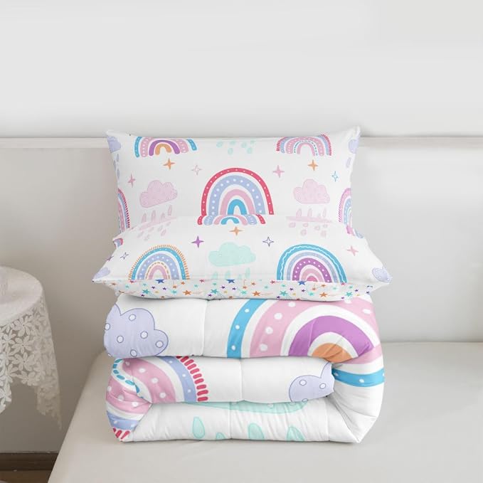 Rainbow Comforter Set For Kids, Pink Love Heart Duvet Insert Full Size, Kawaii Clouds Quilted Duvet For Girls Boys Children Bedroom Decor, Hand Drawn Iridescent Stripes Quilt, White Pink Blue - Image 7