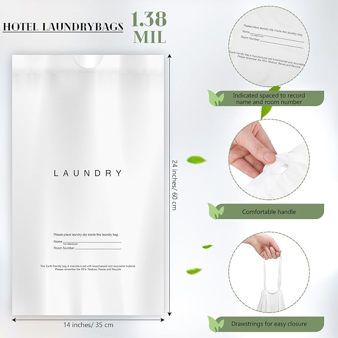 200 Pack Hotel Laundry Bags Bulk 1.38 Mil 14" x 24" Laundry Plastic with Drawstring Closure Writing Strips Patient Personal Belongings Dirty Clothes Bag for Factory Travel Hospital - Image 2