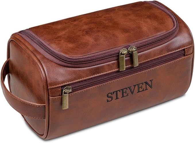 GOPHIE Personalized Embroidered Men's Leather Toiletry Bag,Travel Toiletry Bag for Men,PU Leather Waterproof Travel Shaving Dopp Kit (1, Dark Brown) by GOPHIE