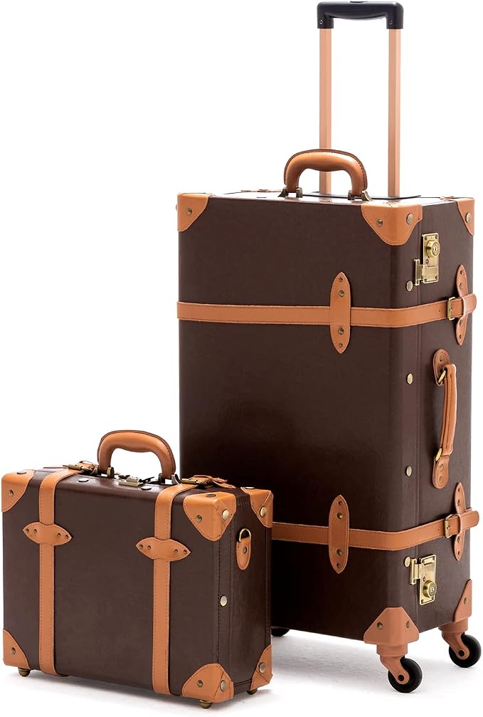 COTRUNKAGE Vintage Checked Luggage Sets 2 Piece TSA Lock Suitcase for Women with 16" Suitcase Bag, Cocoa Brown by COTRUNKAGE
