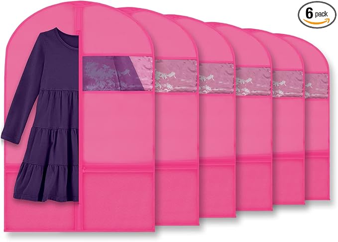 Plixio 36" Kids Garment Bags for Dance Costumes, Childrens Hanging Clothes, Uniform, Suits, Girls Dress Recital Outfit Organizer Dance Garment Bags For Dancers with Zippered Pockets (6 Pack :36",Pink) by Plixio