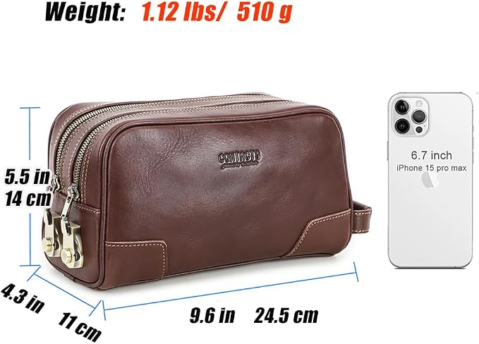 CONTACTS Full Grain Leather Toiletry Bag with Lock for Men Travel Bag Shaving Dopp Kit Organizer Clutch with Handle and Double Combination Lock - Image 6