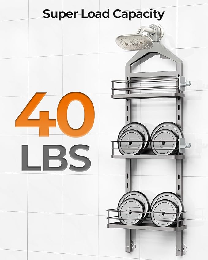 ODesign 3 Tier Adjustable Shower Caddy Hanging Over Head Anti-Swing Grey | Shower organizer hanging,no drilling required,comes with removable hook and storage box, suitable for indoor showers - Image 7
