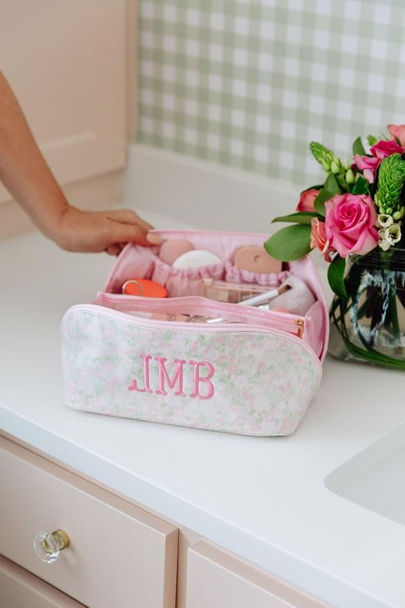 Personalized Flat Lay Makeup Bag - Clear-Coated Embroidered Cosmetic Organizer, Monogrammed Wide-Open Travel Pouch with Easy-Access Interior, Handmade Gift for Women (Peony) - Image 3