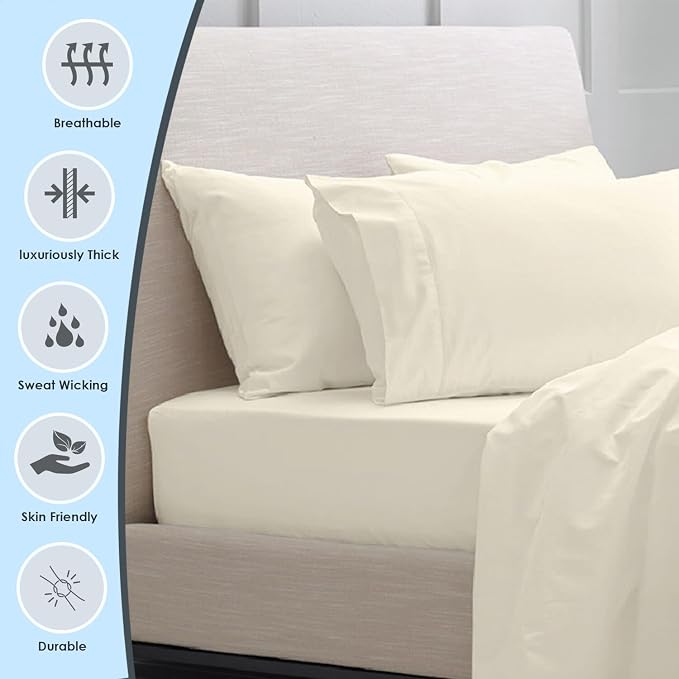 Pizuna 100% Luxury Cotton King Size Pillow Case Ivory, 1000 Thread Count 100% Long Staple Cotton Sateen Pillowcase, Pillow Covers with Stylish 4" Hem (Combed Cotton King Pillowcase Set of 2) - Image 3