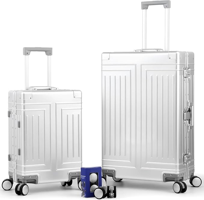 All Aluminum Luggage 20/28 Set，Cut from Whole Aluminum Sheet（3rd Generation，Premium Magnesium Metal zipperless suitcase ） (silvery, 20+28inch) by KANGSHILU
