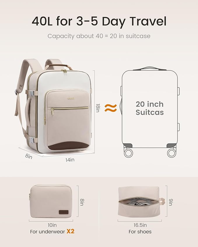LOVEVOOK 40L Travel Backpack for Women & Men, Airline Approved Carry On Luggage with 3 Packing Cubes, TSA Overnight Bags, Waterproof Personal Item Bag, Weekender Essentials Backpacks fits 17" Laptop - Image 4