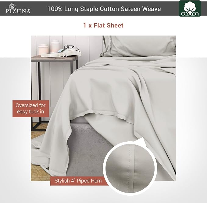 Pizuna Pure 100% Cotton Flat Sheets Only King Ash Grey (1 PC), Luxurious 400 Thread Count Long Staple Cotton Sateen with 4" Hem (Combed King Flat Sheet Only Cotton) - Image 3