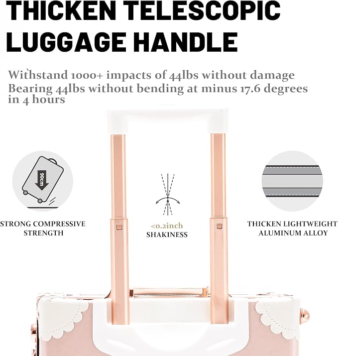 COTRUNKAGE Vintage Luggage Sets for Women, 20" Small Pink Carryon Luggage 2 Piece with Spinner Wheels, 13" Travel Cosmetic Train Case, Cherry Pink - Image 3