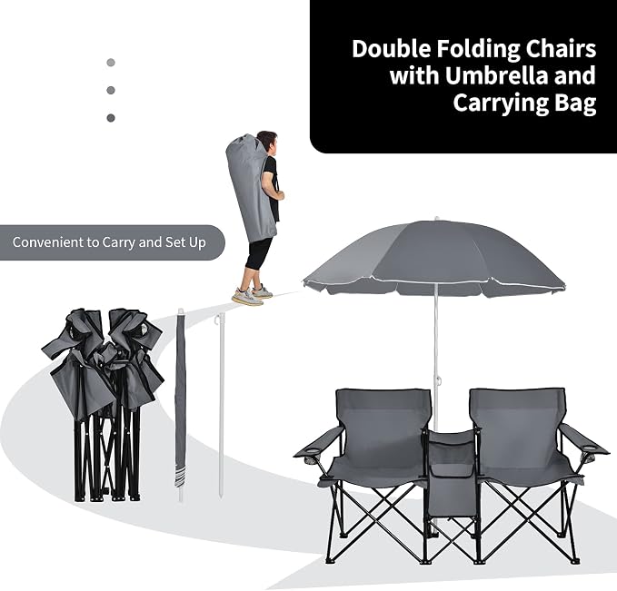 Goplus Double Camping Chair with Umbrella, Folding Loveseat Chairs w/Canopy Shade, Carrying Bag, Table, Cup Holder, Portable Beach Chairs Outdoor Picnic Patio (Grey) - Image 5