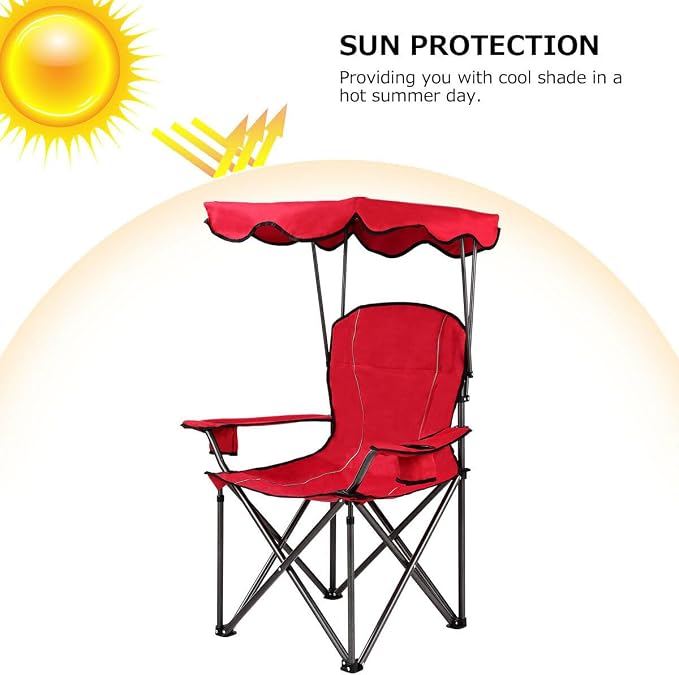 COSTWAY Portable Camping Chair with Canopy, Outdoor Lawn Chair with Shade, Carry Bag, Cup Holder, for Travel, Picnic, Beach (Red) - Image 6