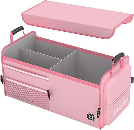LIBZAKI Car Trunk Storage Organizer, Multi Compartment Collapsible Trunk Storage Box for Car Truck SUV-Pink by LILIBZAKI