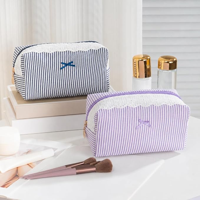 Makeup Bag Travel Toiletry Bag for Women, Small Cosmetic Bags with Lace Trim Cute Purple Stripe Aesthetic Organizer Makeup Pouch for Purse Emergency Bag Pencil Case Accessory Bag - Image 6