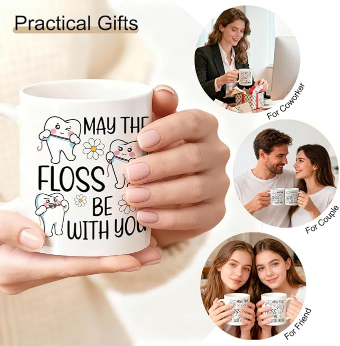 May The Floss Double-Sided Ceramic Mug, Funny Dentist Mug for Men Women, Dental Office Coffee Cup, Thanksgiving Birthday Gifts for Dental Hygienist, Graduation Gifts for Dentist Assistant