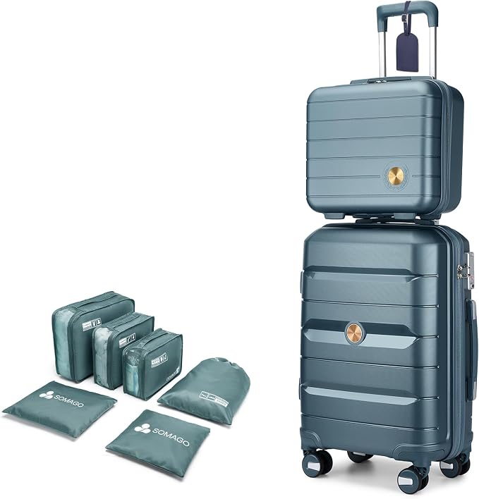 Somago 20 Inch Carry On Luggage Sets Hardside Suitcase with Double Spinner Wheels and TSA Lock YKK Zipper (Ice Blue,14/20) by SOMAGO