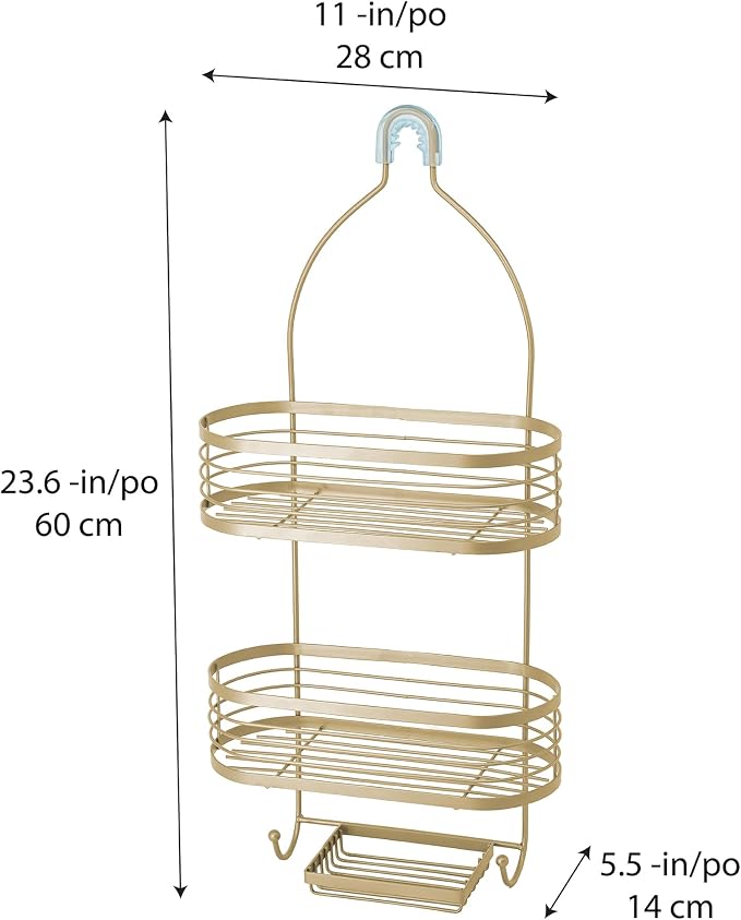 ACENTO Hanging Shower Caddy, 3-Tier Bathroom Shower Organizer, Powder-Coated Steel with Suction Cups & Built-In Hooks, Modern Bathroom Storage, Gold - Image 3