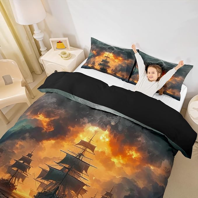 Erosebridal Pirate Comforter Set King Sailboat Duvet Cover Nautical Ocean Theme Boys Teen Bedding Comforter Cover Cool Style Adult Bedding Set Wave Pattern Printed Decor Bedspread for Men Women - Image 4