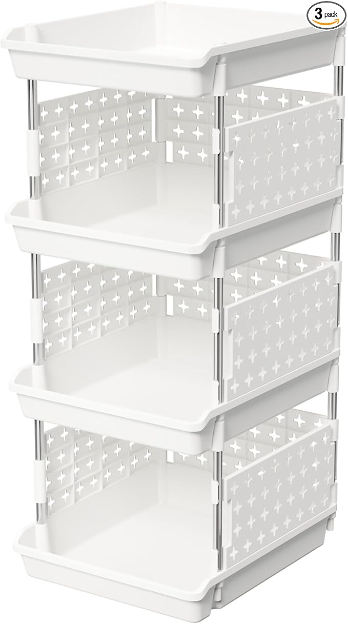 Lifewit Plastic Stackable Storage Baskets, 4 Tier Stacking Bins for Food and Clothes, Multifunctional Organizer for RV, Kitchen, Playroom, Pantry and Bathroom, 13.8"D x 11.8"W x 28.3"H, 1 Pack, White by Lifewit
