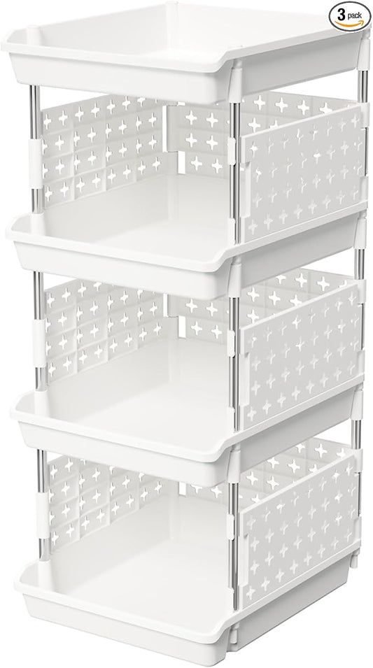 Lifewit Plastic Stackable Storage Baskets, 4 Tier Stacking Bins for Food and Clothes, Multifunctional Organizer for RV, Kitchen, Playroom, Pantry and Bathroom, 13.8"D x 11.8"W x 28.3"H, 1 Pack, White by Lifewit