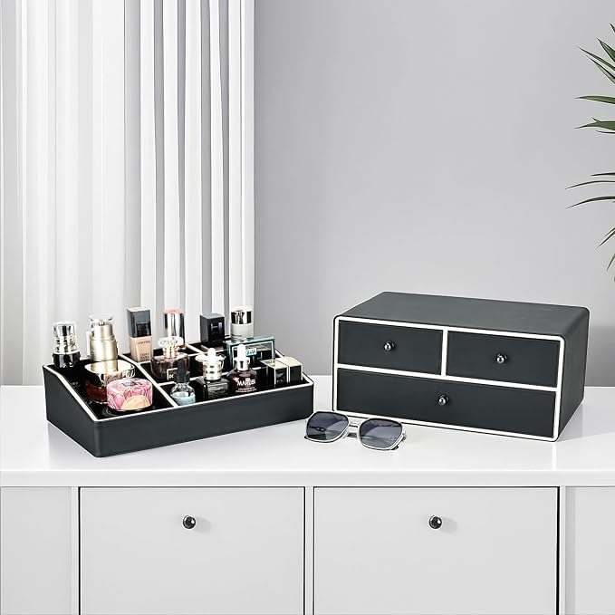 KINGFOM 2 Tier PU Leather Makeup Organizer with 3 Drawers, Cosmetic Storage Organizers for vanity Dresser Countertop and Bathroom Vanity, Beauty Holder for Lipstick Brush Skincare (Black) - Image 4