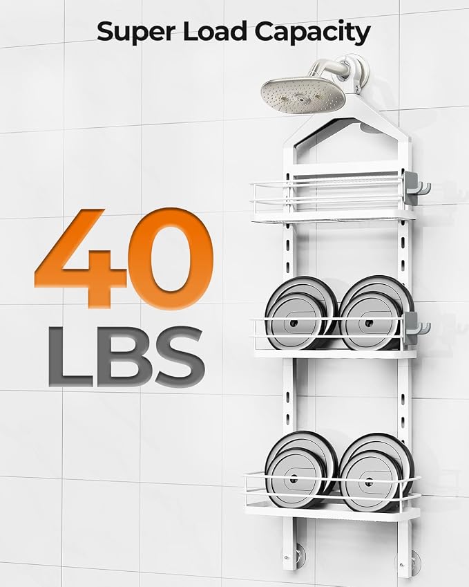 ODesign 3 Tier Adjustable Shower Caddy Hanging Over Head Anti-Swing White | Shower organizer hanging,no drilling required,comes with removable hook and storage box, suitable for indoor showers - Image 7