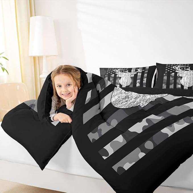 American Flag Bedding Set Deer Camo Comforter Set King for Kids Boys Teen Man,Western Rustic Black Grey Military Camouflage Bedding Comforters Hunting Deer Antlers Quilt Duvet for All Season 3 Pcs - Image 6