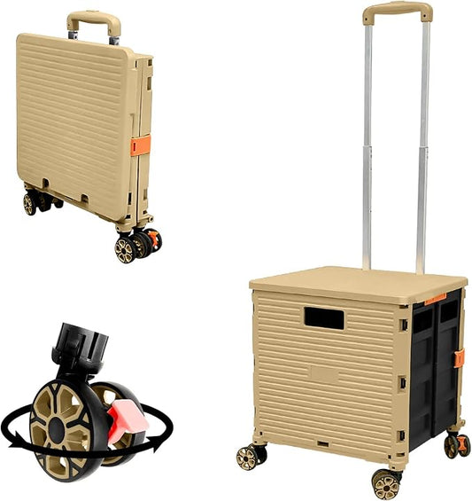 FELICON SELORSS Foldable Utility Cart Folding Portable Rolling Crate-Khaki | Durable,Heavy Duty,Plastic Box,Telescoping Handle,4 Rotate Wheels,Collapsible Handcart for Travel Shop Move Luggage Office by FELICON