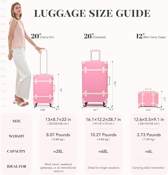 urecity 20" Bubblegum Pink Vintage Luggage Set 2 Piece, Aluminum Frame Retro Suitcase for Women, Vegan Leather Carry On Trunk with Cosmetic Case, TSA Approved (Include Clear Cover) - Image 6