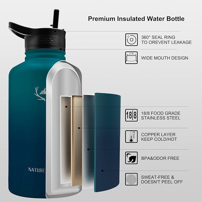 NATURE PIONEOR 64 oz Insulated Water Bottle with Carrier Bag & 3 Lids | 18/8 Food-grade Stainless Steel, Double Vacuum Insulation, 3 Leak-proof Lids, Strap, Camping, Hiking, Gym, Work - Image 2