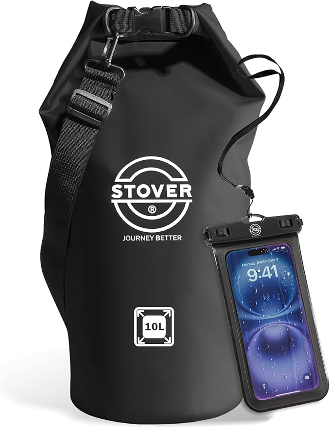 STOVER 5/10/25/30/40L Waterproof Dry Bag, Medium Lightweight Roll Top Dry Bag Backpack w/Waterproof Phone Case, Kayaking, Travel, Hiking, Fishing, Tubing, Camping, the Beach, Men/Women (Black) by STOVER