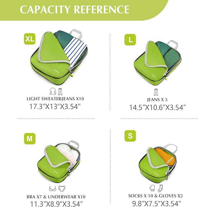 Gonex Compression Packing Cubes, 4pcs Expandable Storage Travel Luggage Bags Organizers (Green) - Image 6