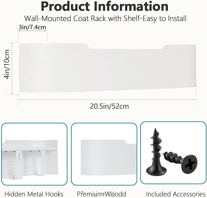 Coat Rack Wall Mount with Hidden Hooks Modern Key Holder Wood Entryway Hook with Shelf for Bedroom Kitchen Hallway Bathroom Designed for Hanging Coats Hats Bags Towels Dog Leashe(White,5 Hooks) - Image 3