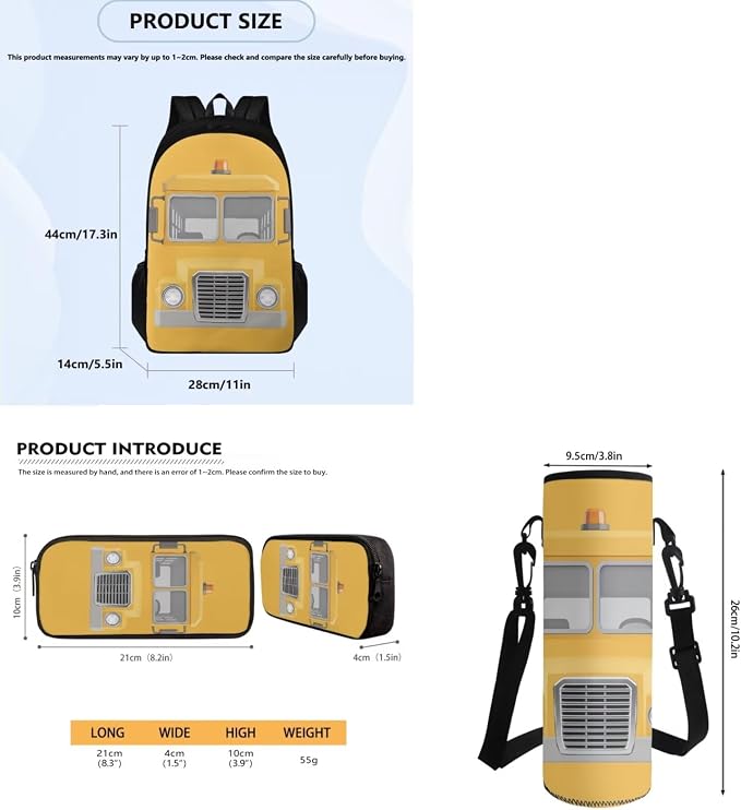 4 Piece School Bus Print Backpack Set for Kids, Boys Girls Large Double Zipper School Bag Book Bag with Leakproof Lunch Box Pencil Bag Water Bottle Carrier for School and Daycare - Image 7