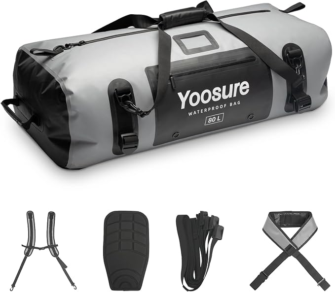 80L Waterproof Duffel Bag Motorcycle Dry Bag Backpack, Waterproof Zippered Bags with Backpack Spacer Pad for Kayaking Rafting Boating Canoeing Camping Paddle Beach (Grey) by Unknown