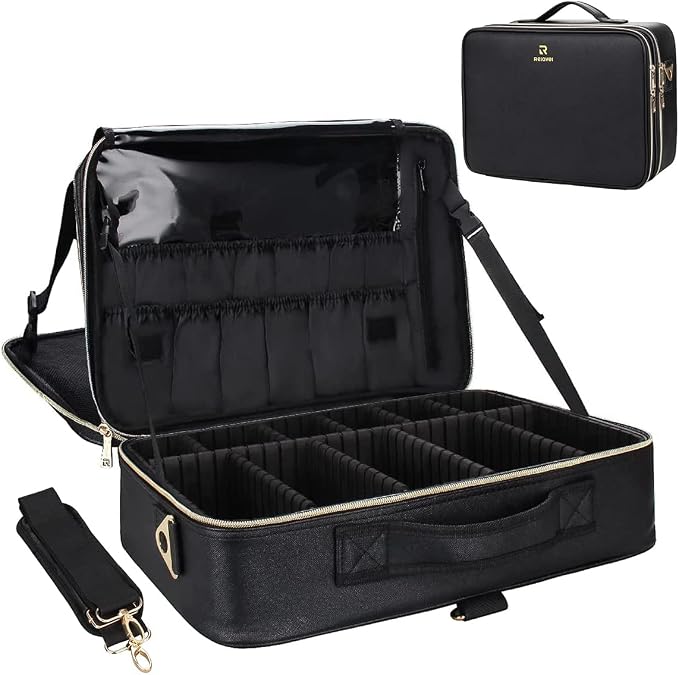 Relavel Makeup Case Large Makeup Bag Professional Train Case 16.5 inches Travel Cosmetic Organizer Brush Holder Waterproof Makeup Artist Storage Box, 3 Layer Large Capacity, with Adjustable Strap by Relavel