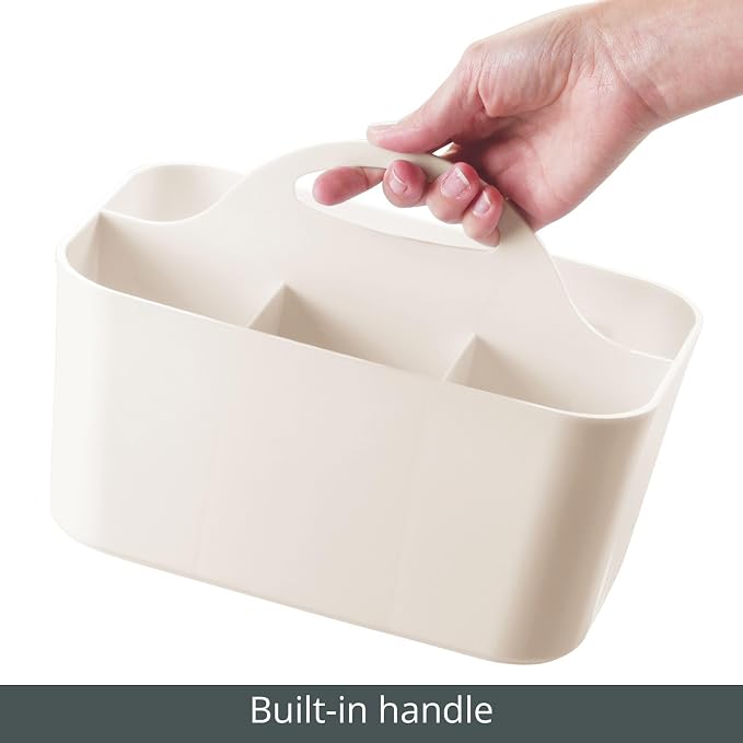 mDesign Small Plastic Shower/Bath Storage Organizer Caddy Tote with Handle for Dorm, Shelf, Cabinet - Hold Soap, Shampoo, Conditioner, Combs, Brushes, Lumiere Collection, Cream/Beige (Pack of 2) - Image 4