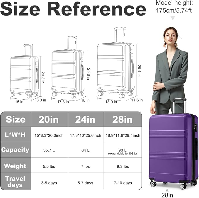 Kono 28 Inch Luggage Expandable Suitcase with Spinner Wheels TSA Lock | Lightweight PC+ABS Hardside Large Checked Luggage Durable Rolling Suitcase Purple - Image 7