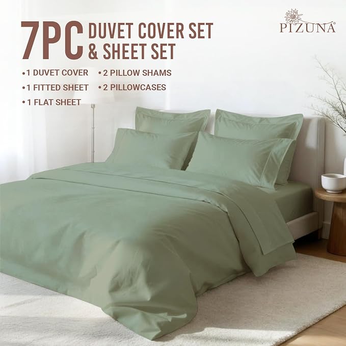 Pizuna Pure 100% Long-Staple Cotton Duvet Cover + Sheet Set Full, Luxurious 400 Thread Count Long Staple Cotton, Soft Sateen Weave Bedding Set (Sage) - Image 3