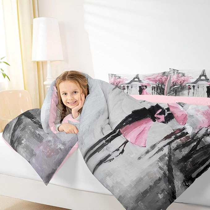 Paris Comforter Set French Eiffel Tower Bedding Sets King For Girls Kids Women Paris Themed Bedroom Decor Watercolor Cherry Blossoms Couple Comforter Retro Valentine Quilt Duvet Pink Grey 3 Pcs - Image 6
